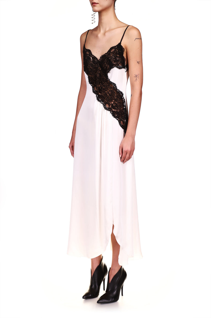 Off White Silk Satin Dress With Lace Detail