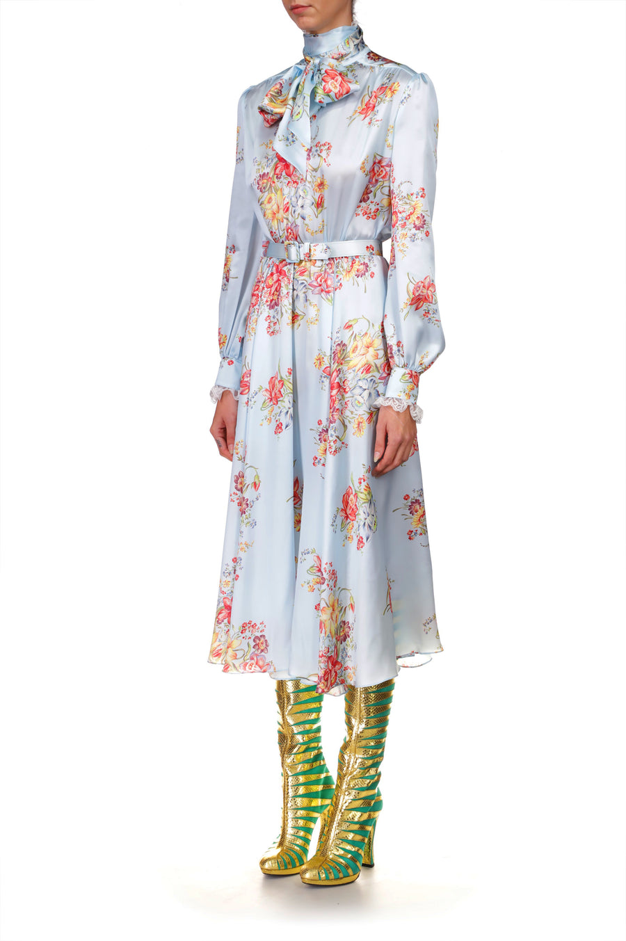 Blue Floral Silk Dress With Sash Tie Neck