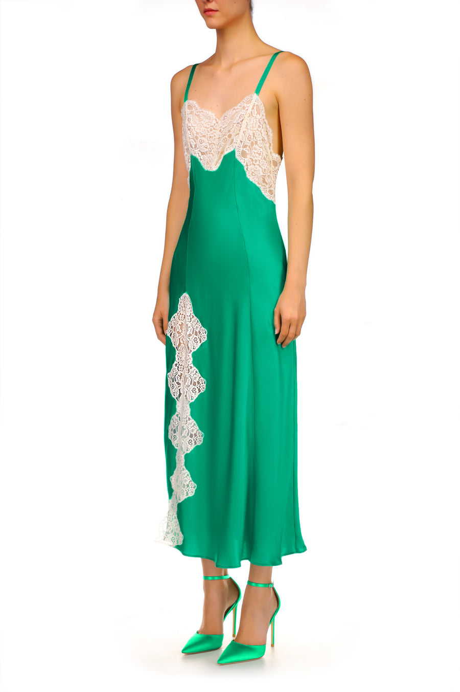 Green Silk Satin And Lace Bias Slip Dress