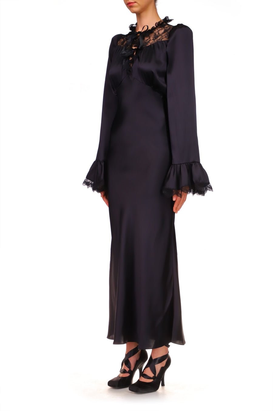 Black Silk Satin Dress With Bell Sleeves