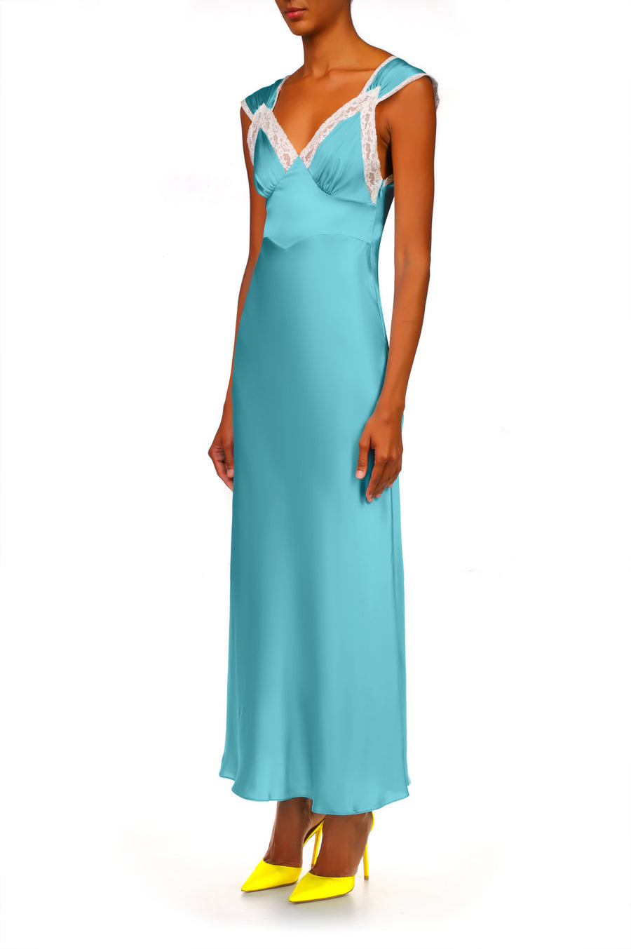 Blue Silk Satin Dress With Lace Details