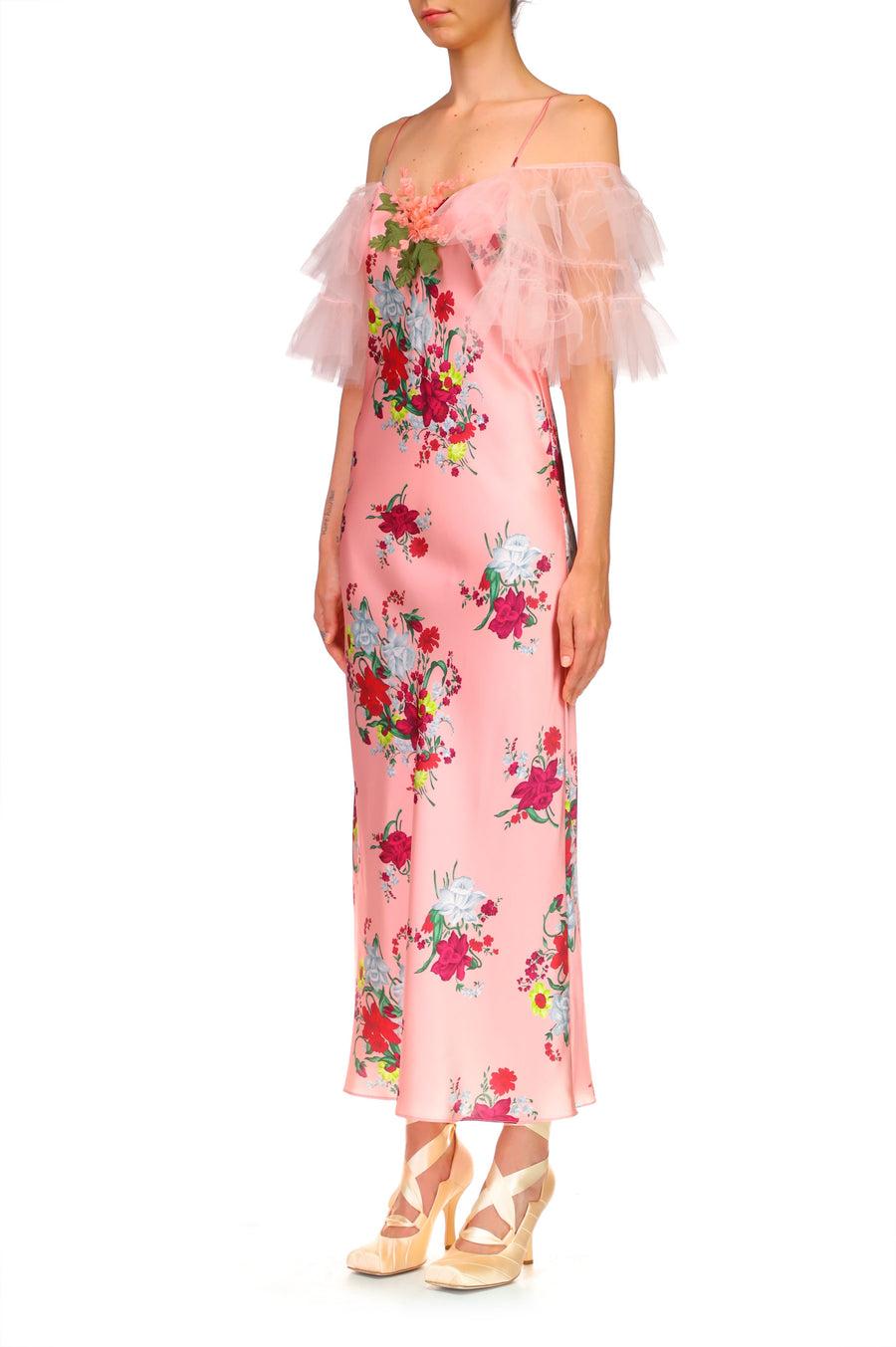 Pink Floral Silk Slip Dress With Ruffle Sleeves