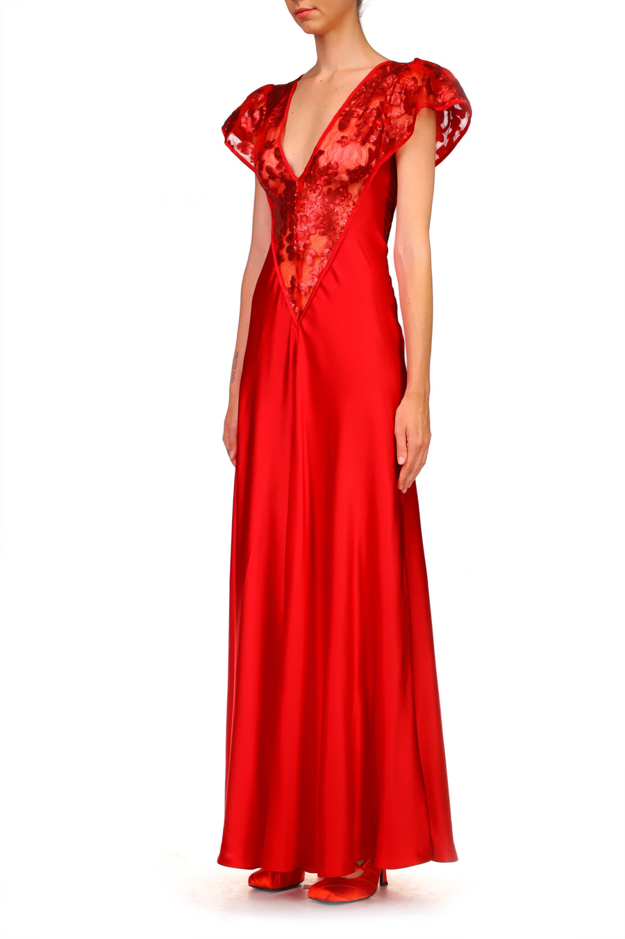 Red Silk Satin Gown With Sequin Detail