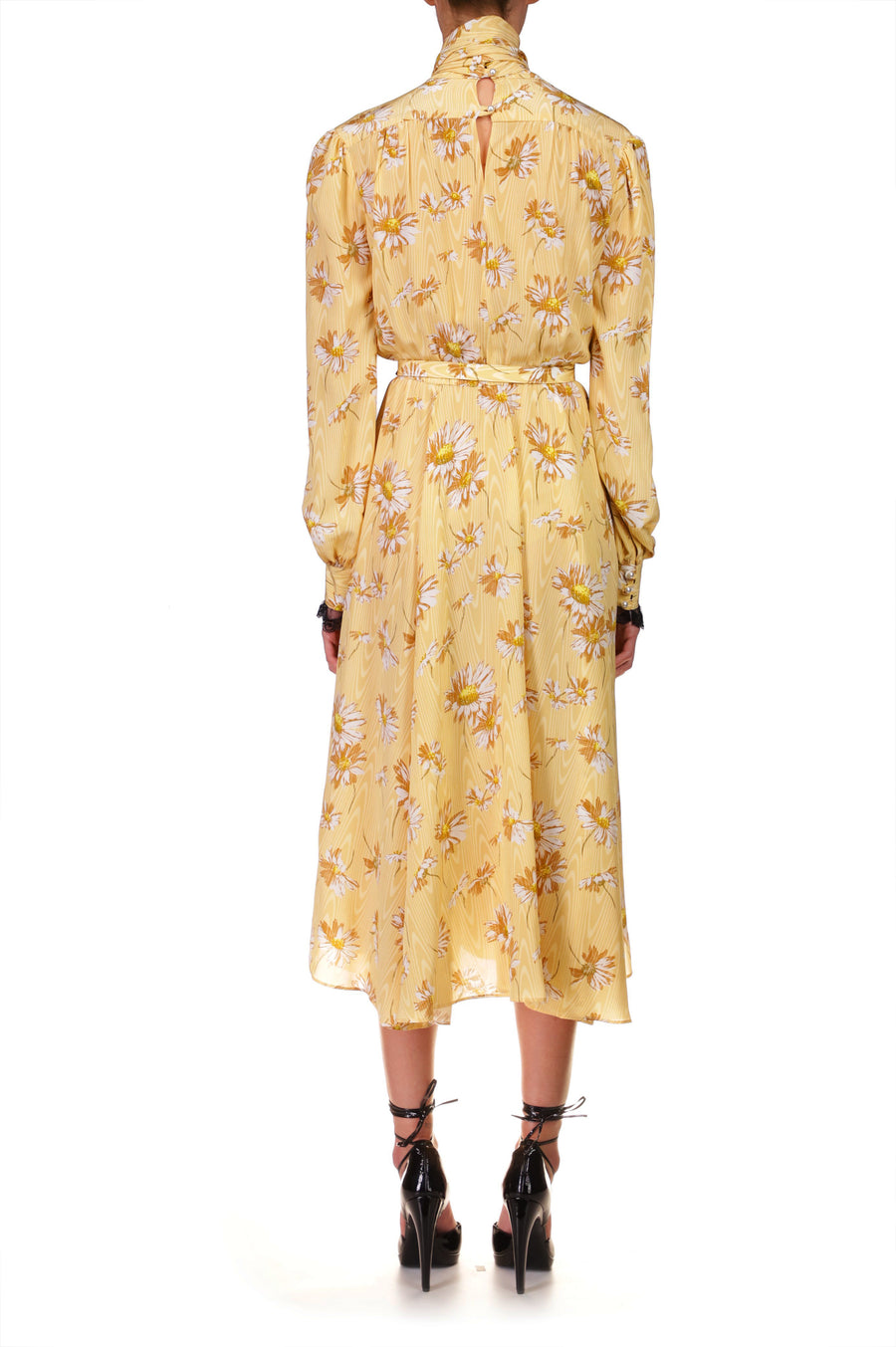 Yellow Daisy Moire Dress With Sash Tie Neck And Lace Details