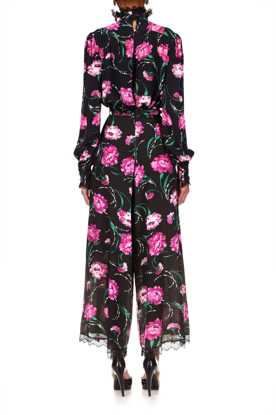 Black And Fuchsia Floral Silk Pant With Lace Detail