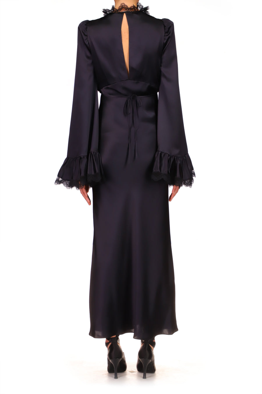 Black Silk Satin Dress With Bell Sleeves