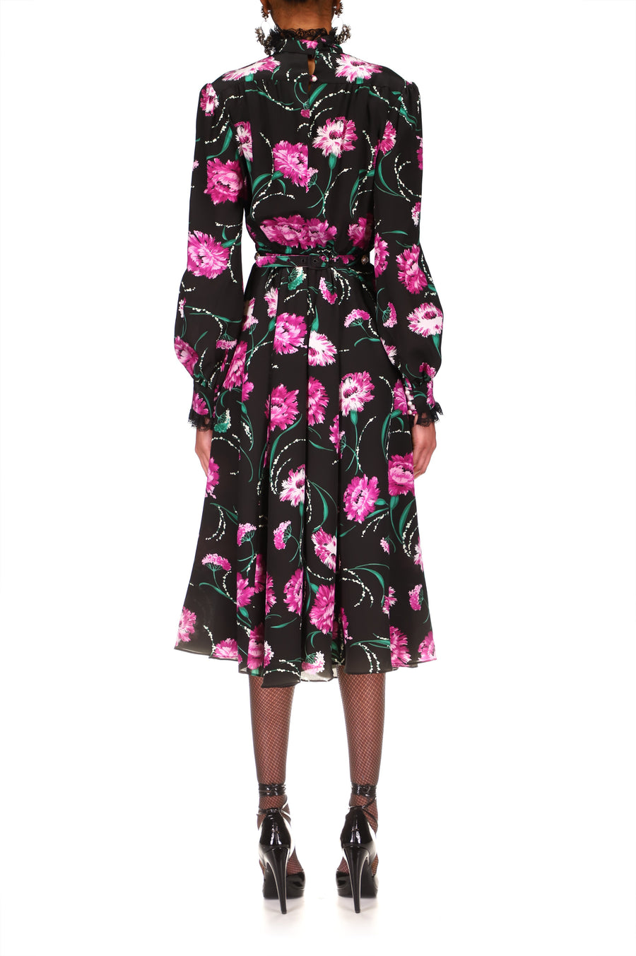 Black And Fuchsia Floral Silk Dress With Sash Tie Neck And Lace Details