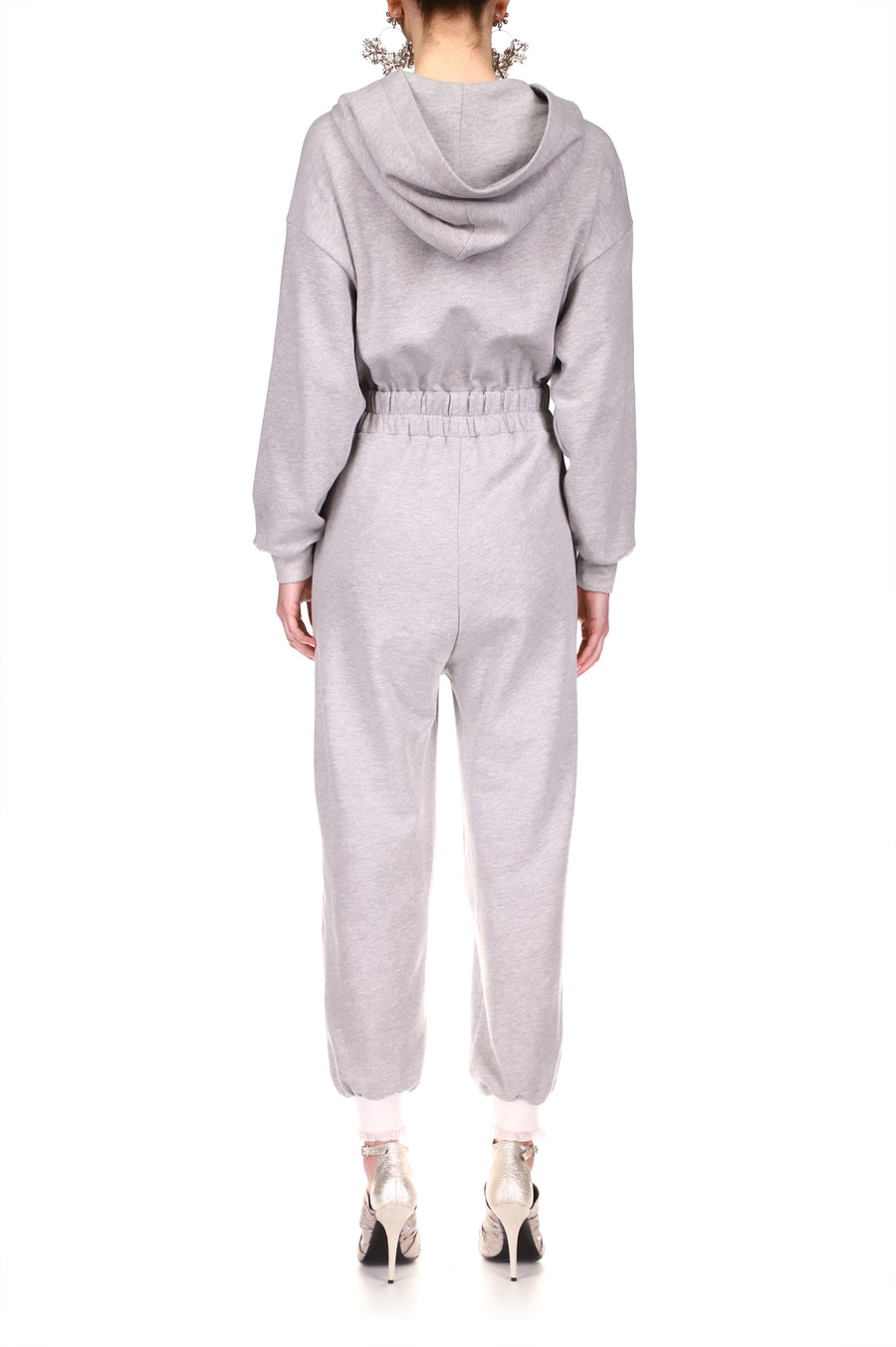 Heather Grey French Terry Hoodie Jumpsuit With Pearl Button Details