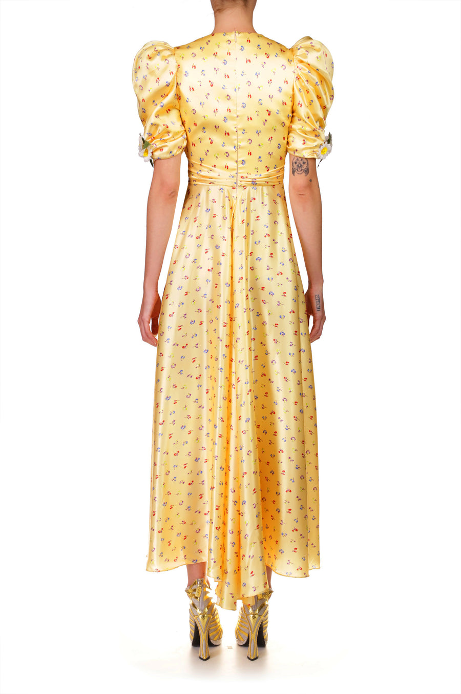 Yellow Floral Silk Dress With Silk Daisies
