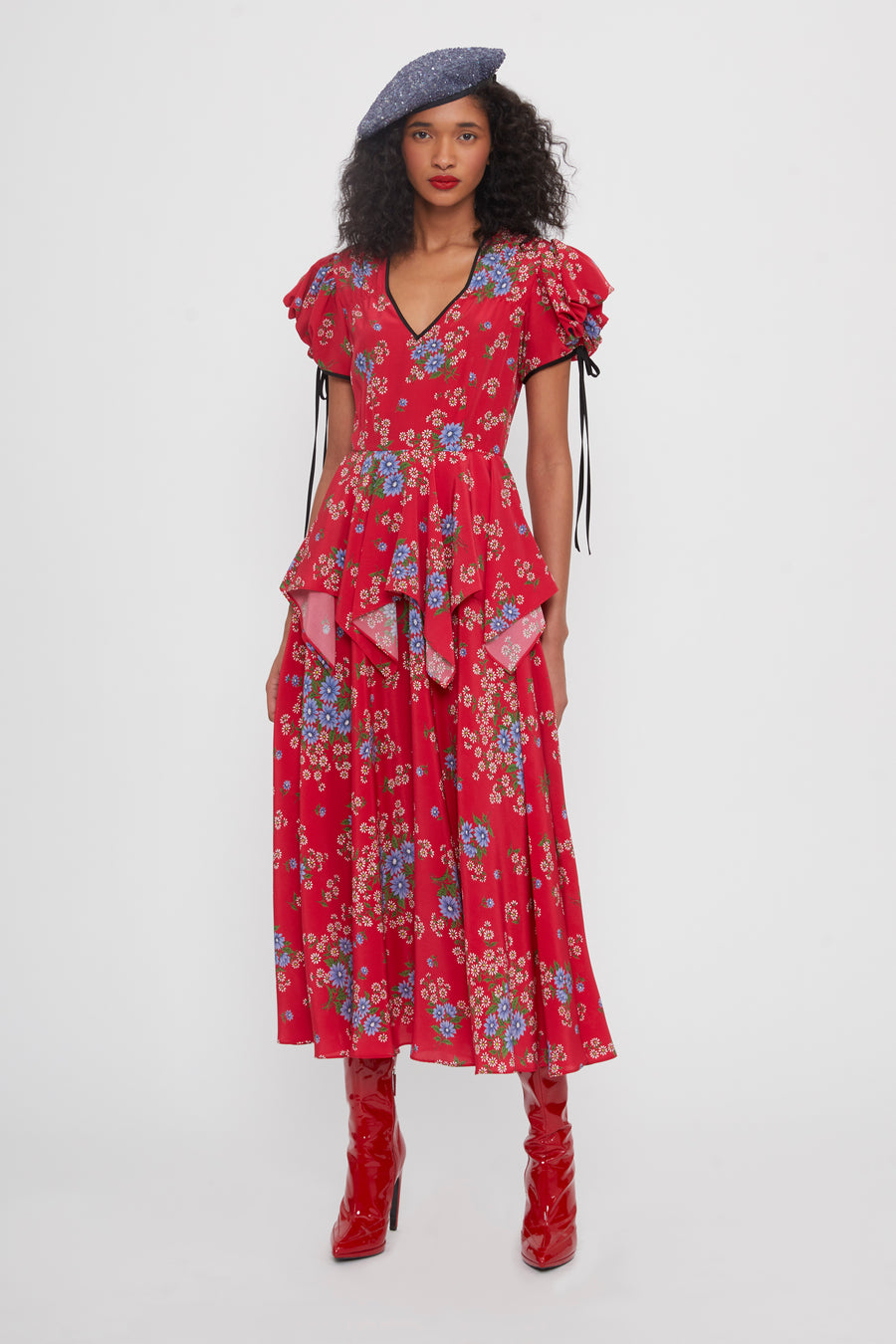 Floral Printed Silk Dress With Peplum