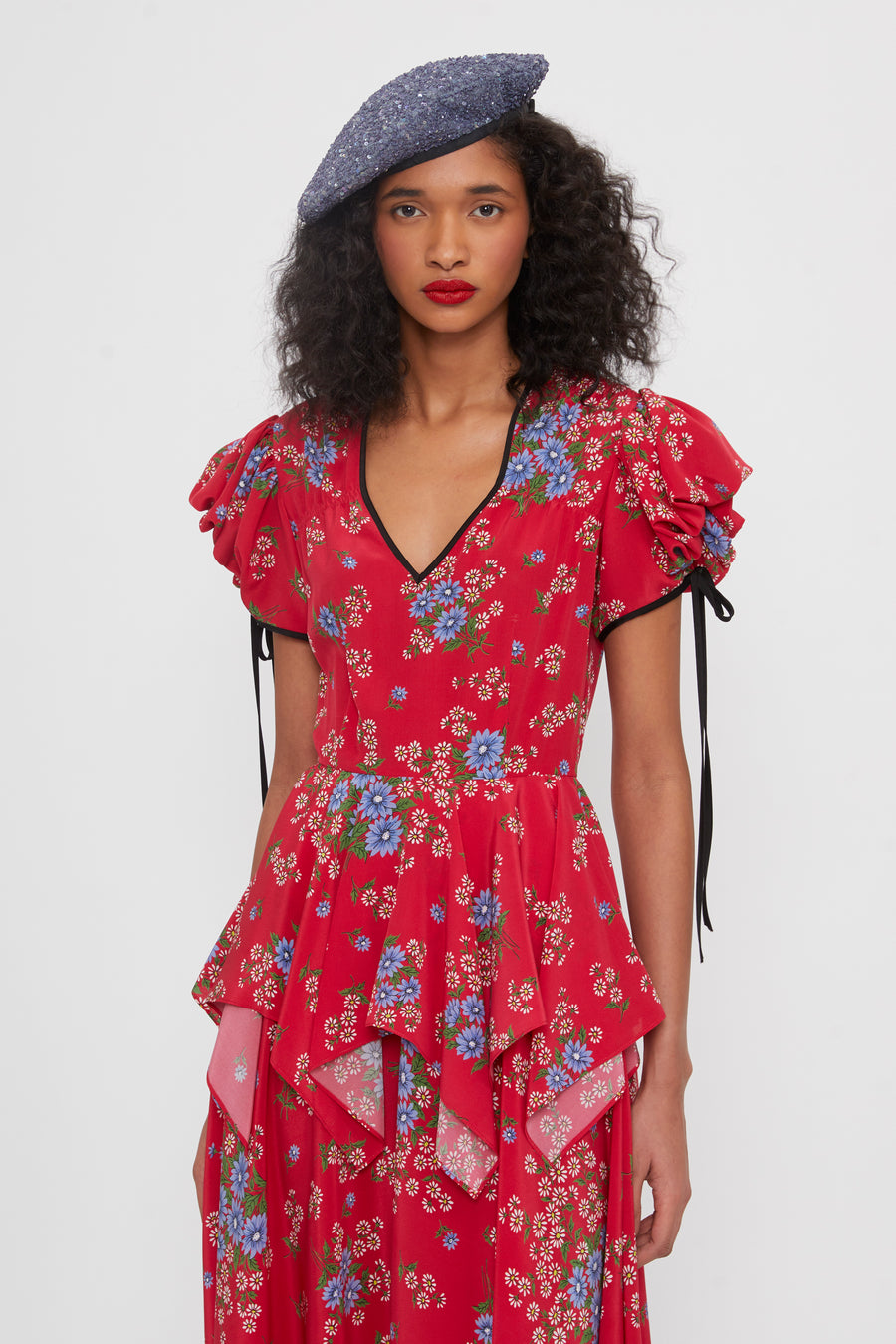 Floral Printed Silk Dress With Peplum