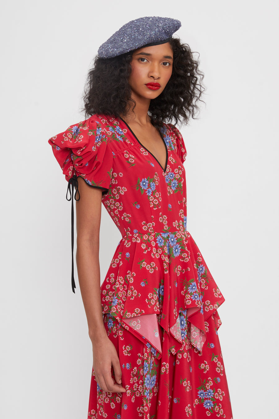 Floral Printed Silk Dress With Peplum