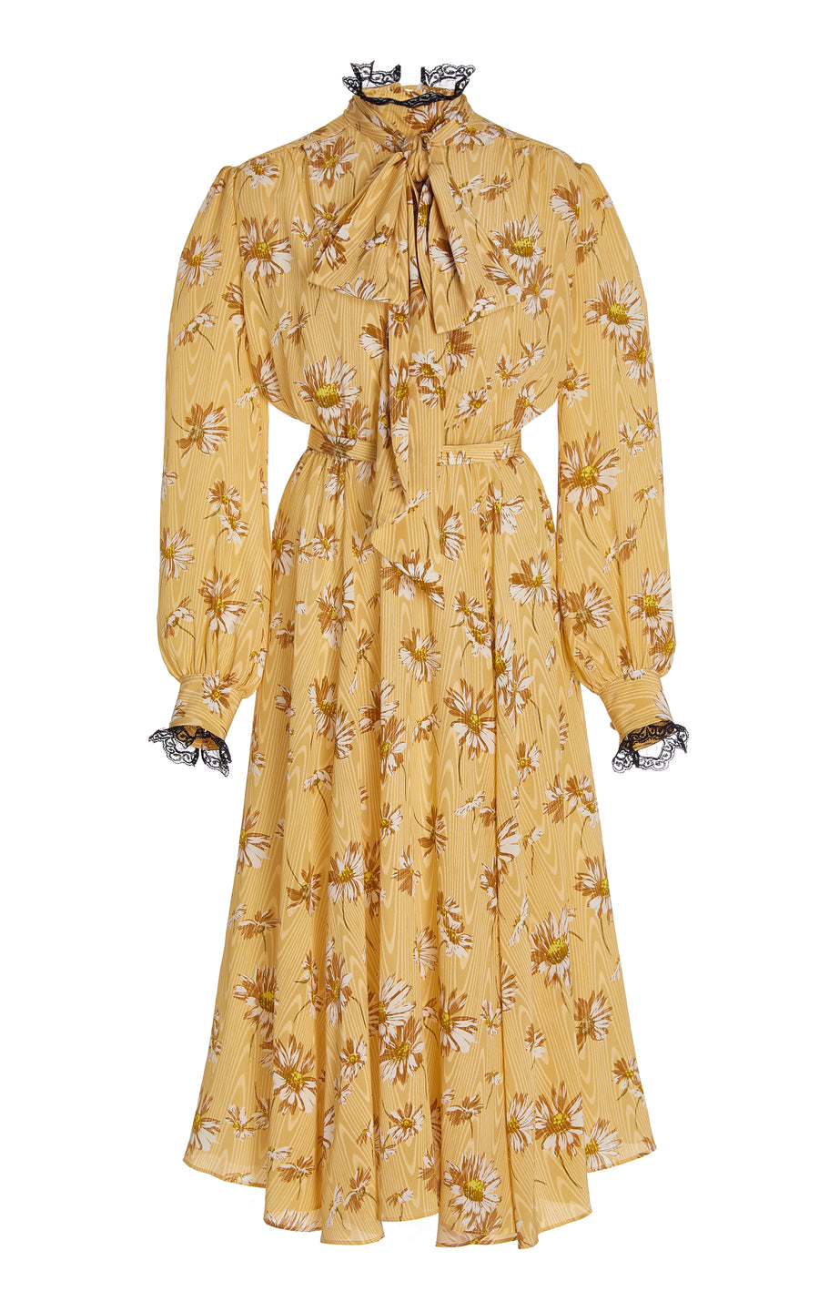 Yellow Daisy Moire Dress With Sash Tie Neck And Lace Details