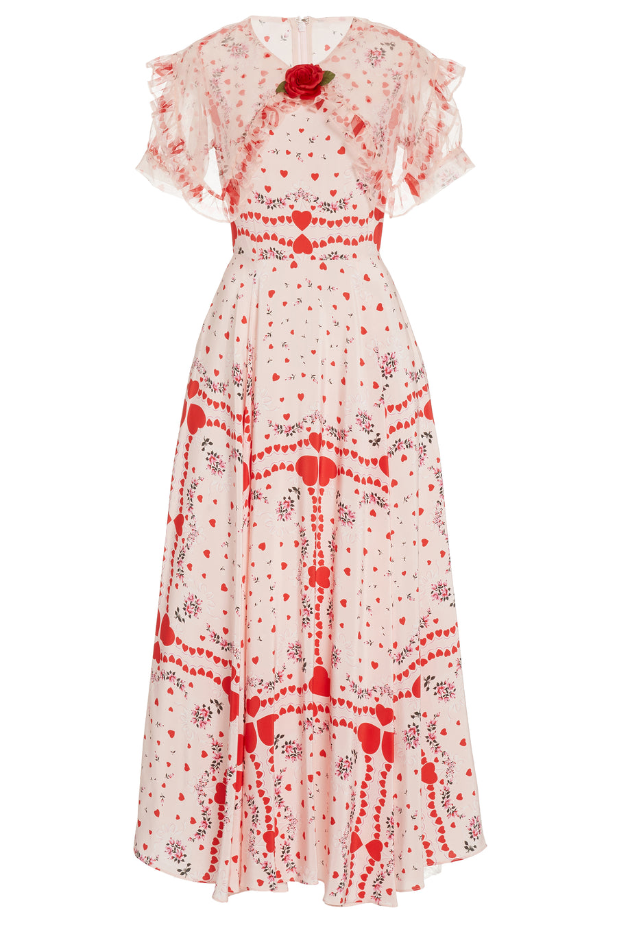 Ruffled Red Heart Floral Silk Dress