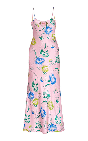 Pink Floral Silk Slip Dress With Ruffle Sleeves