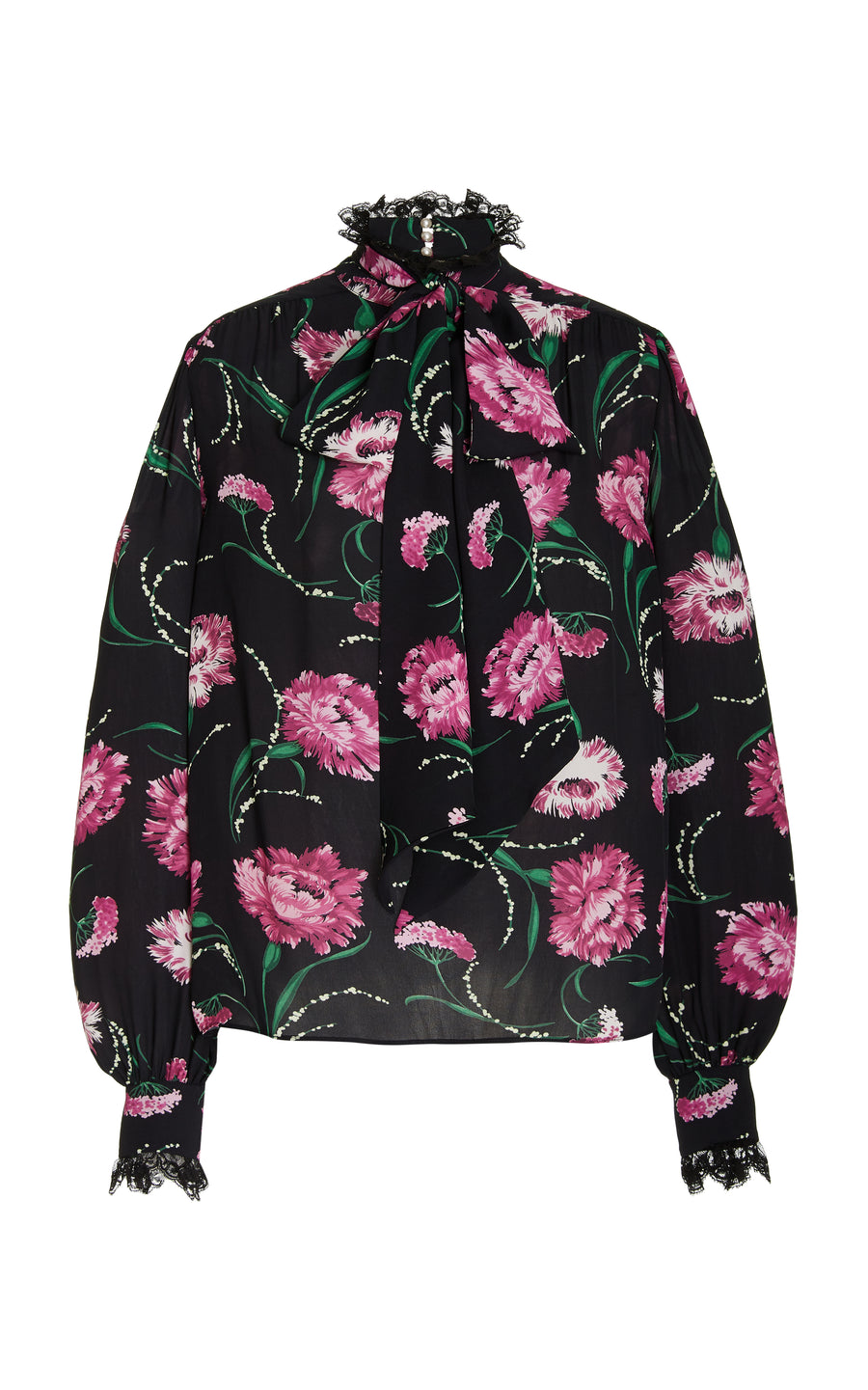 Black And Fuchsia Floral Silk Blouse With Lace Trim
