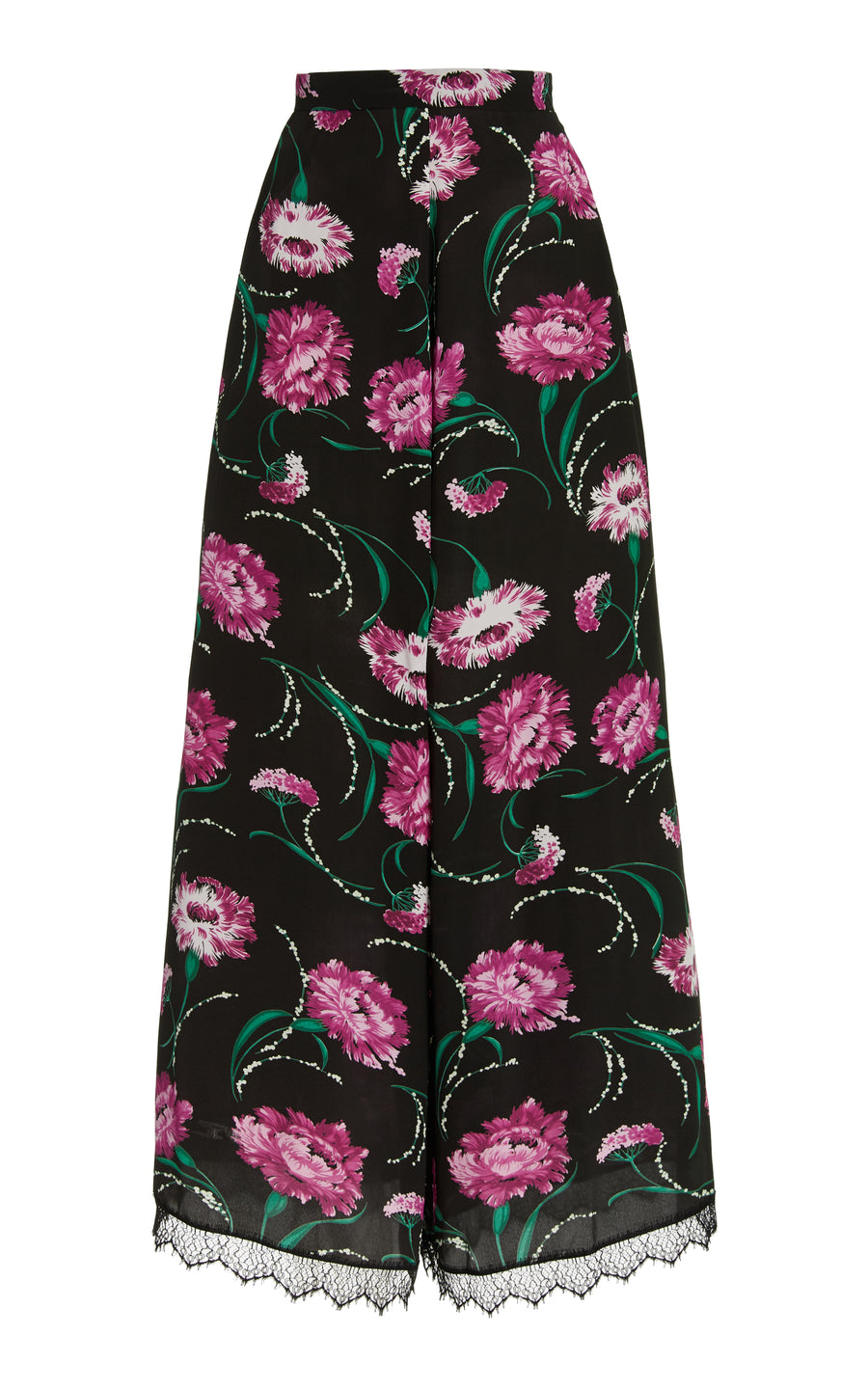Black And Fuchsia Floral Silk Pant With Lace Detail