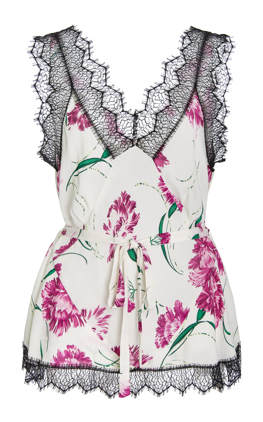 White And Fuchsia Floral Silk Camisole With Lace Detail