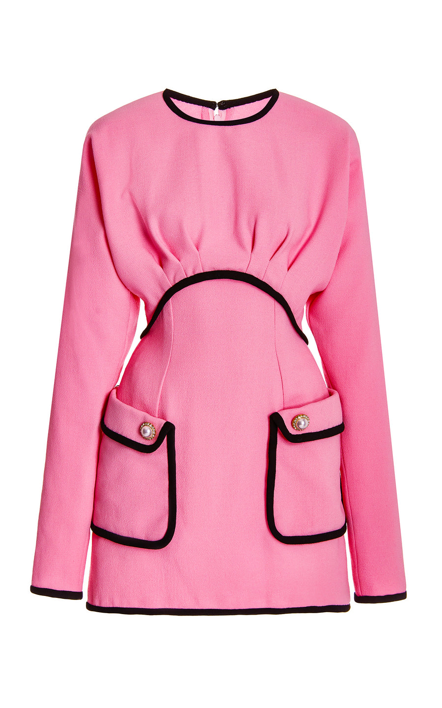 Pink And Black Wool Batwing Dress With Pearl Buttons