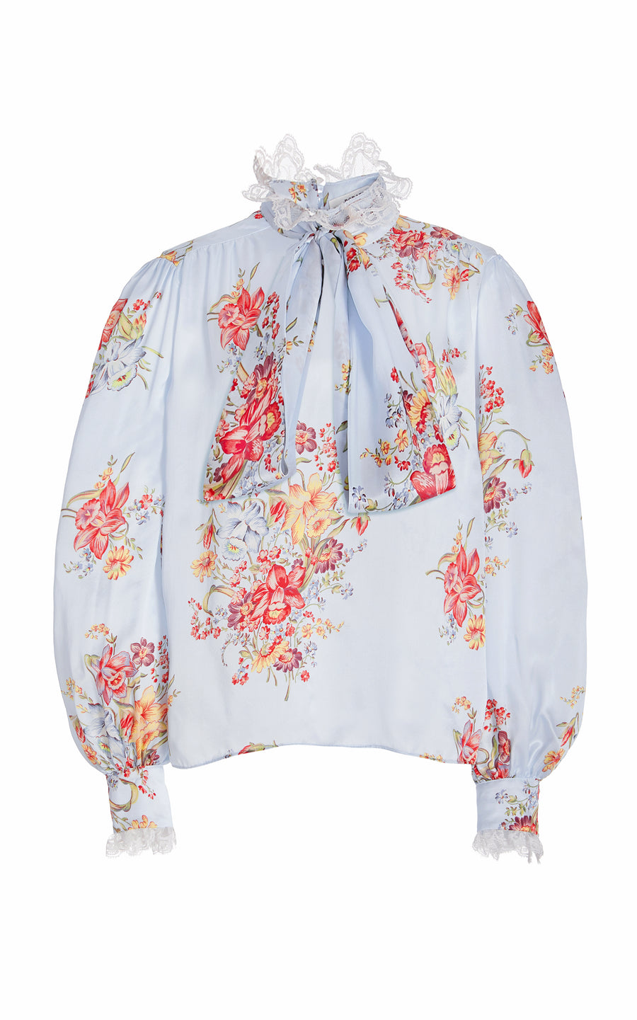 Blue Floral Silk Blouse With Lace Trim