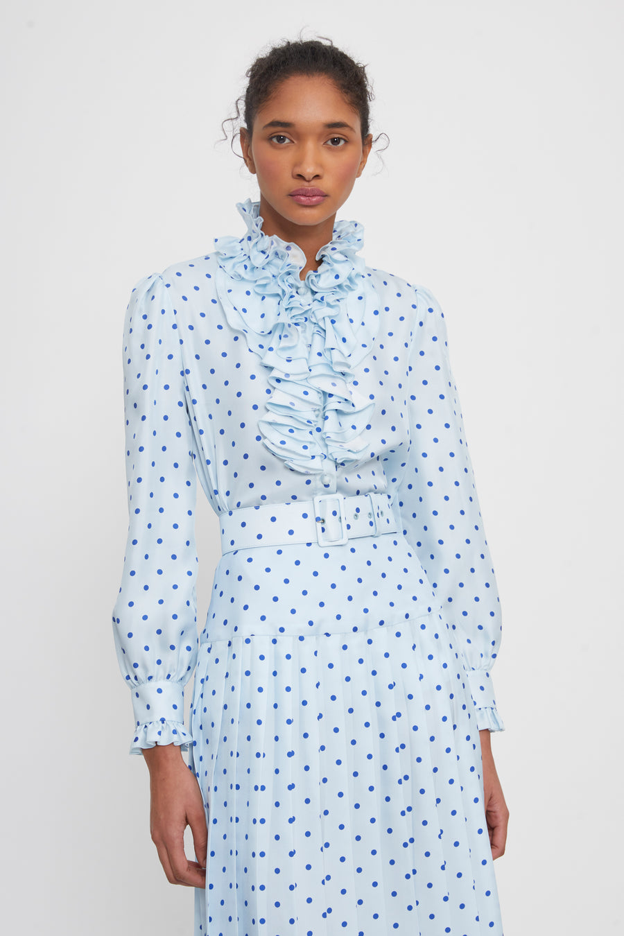 Ruffle Trimmed Polka Dot Silk Blouse