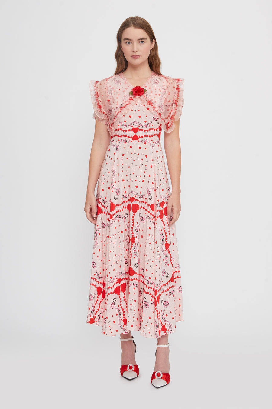 Ruffled Red Heart Floral Silk Dress